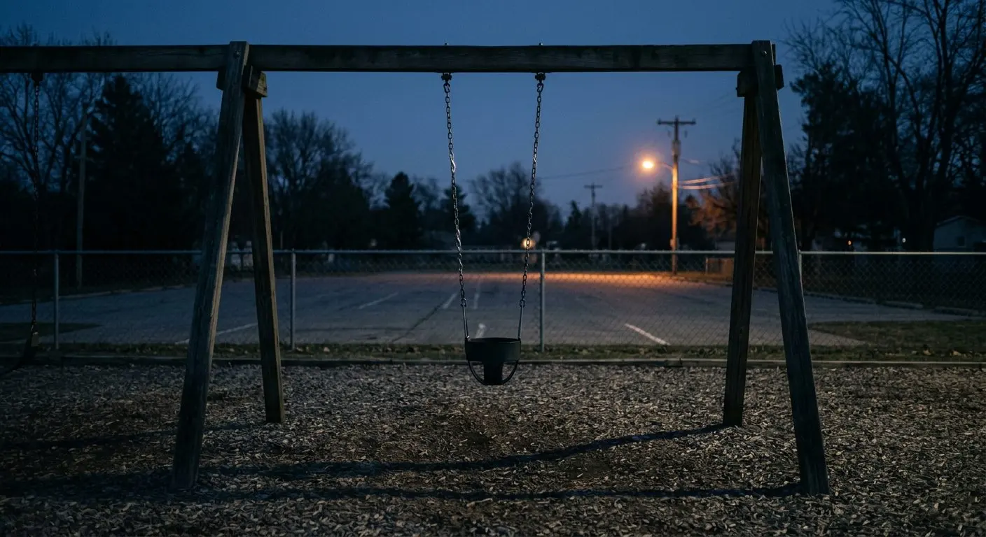 An empty playground at dusk beside a deserted parking lot lit by a single streetlamp