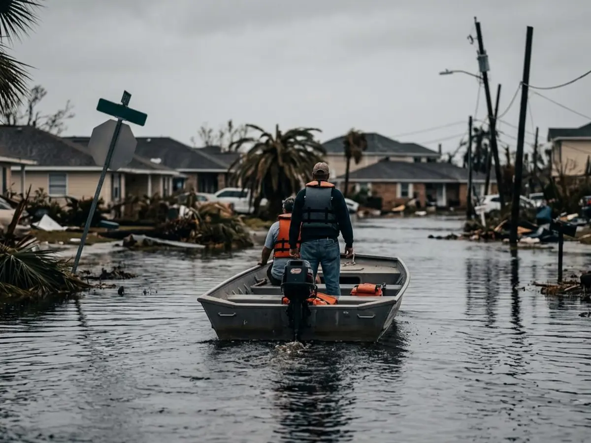 A relief boat moving down a flooded residential street after a hurricane
