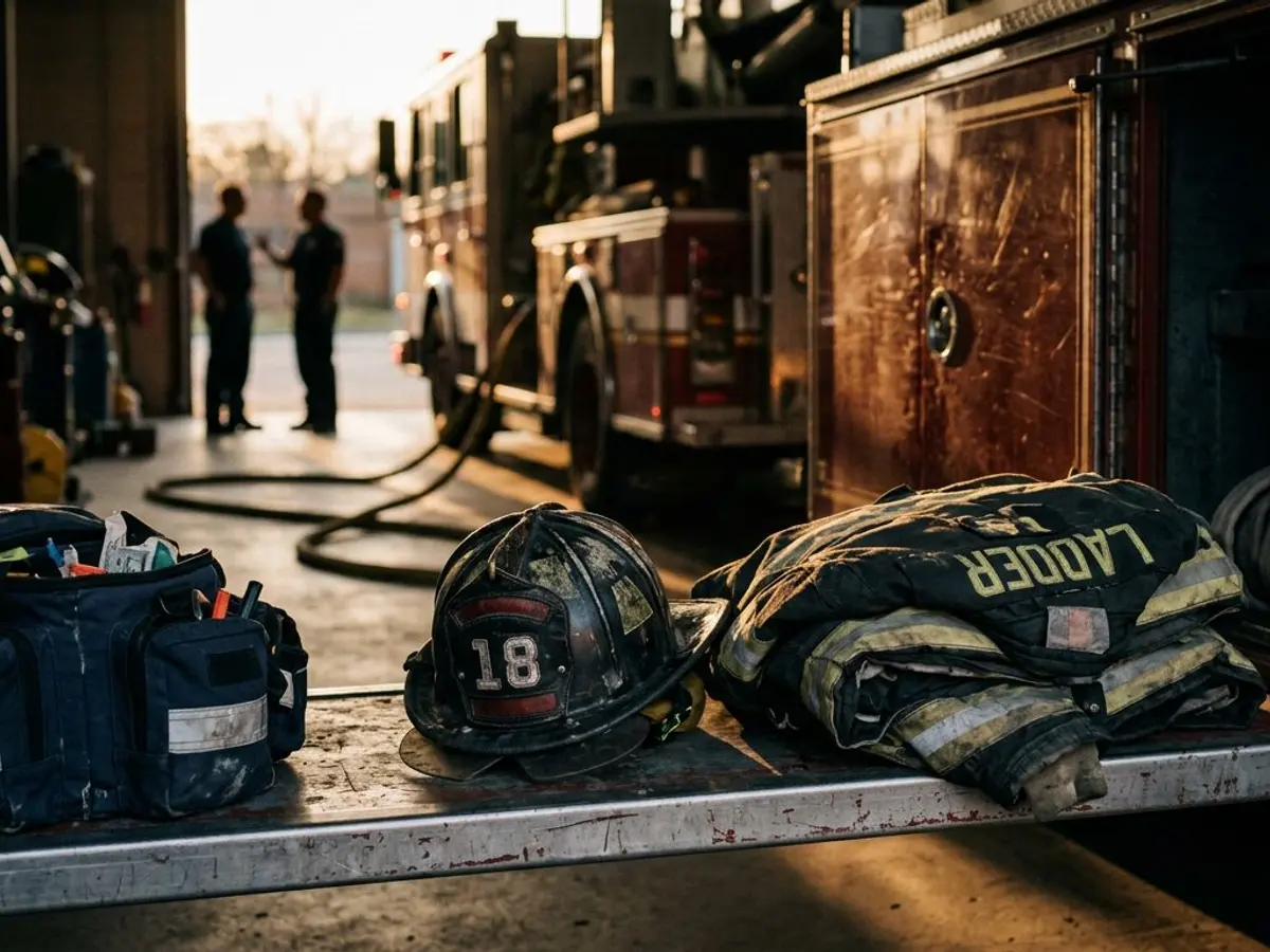 A firefighter's helmet and folded turnout coat on an engine tailgate at golden hour